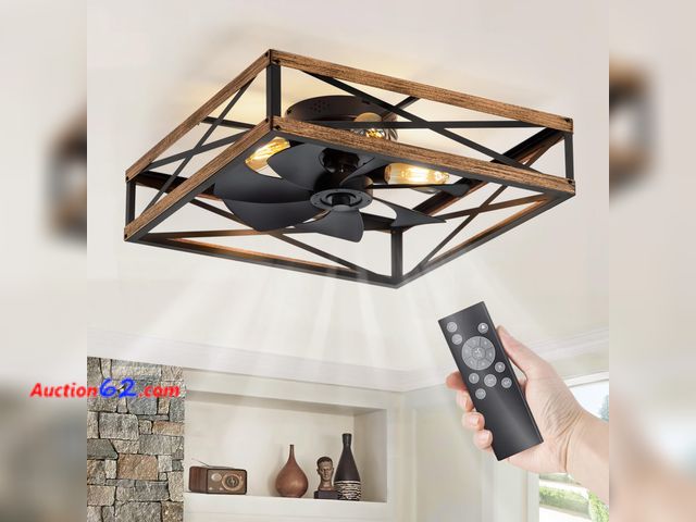 Lot 44-1841 - $179.99 Retail price - LEDIARY 23” Caged Low Profile Ceiling Fans with Lights and Remote, Rustic Square Flush Mount Ceiling Fan, 6 Speed and...