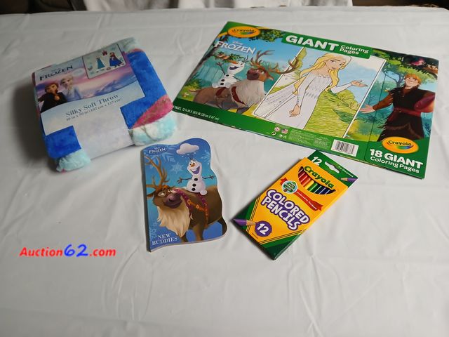 Lot 44-4120t - New Frozen Giant coloring pages, new 40 x 50 frozen blanket, frozen book, Crayola colored pencils.  See photos. Appears New, A basic inspect...