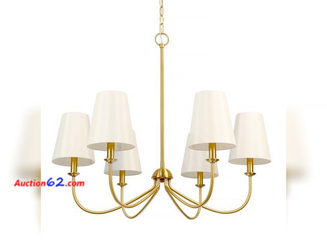 Lot 44-907w - $176.99 Retail price - Homebelife Gold Chandelier, Brushed Brass with Beige Fabric Shade, 6-Light 28" Modern Farmhouse Linear Pendant Lighti...