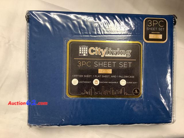 Lot 44-6110q - City living 3pc sheet set “Twin” 1 fitted sheet, 1 Flat sheet, 1 pillowcase See All Photo's Not Tested Never opened, Factory Sealed See All ...