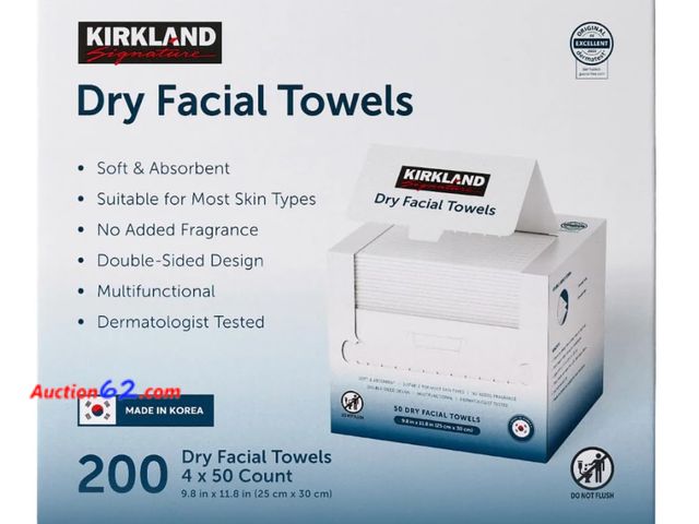 Lot 44-1219j - Kirkland Signature Daily Dry Facial Towels, 200-Count – Extra Soft Disposable Face Towels for Cleansing, Makeup Removal &amp; Skincare – Gen...