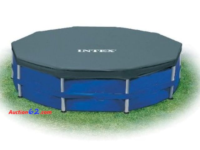 Lot 44-2745f - INTEX 28032E Pool Cover: for 15ft Round Metal Frame Pools – Includes Rope Tie – Drain Holes – 10in Overhang – Snug Fit Appears New, A basic ...