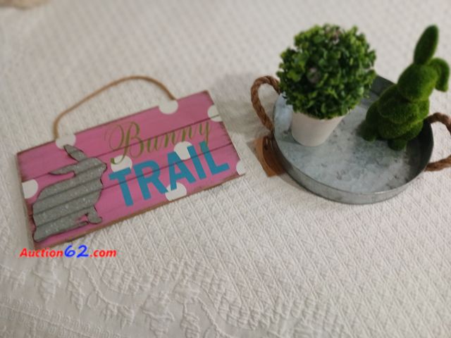 Lot 44-2016i - New with tag round tray, measures approximately 10" x 10".  One new bunny without tag, measures approximately 9" tall.  One new Easter artif...