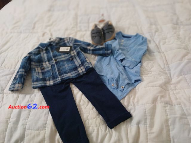 Lot 44-2121g - New with tag 12 month boys outfit, new with tag boys 12 to 18 month shoes and one gently used 12 month Oshkosh shirt.  See photos. Appears N...