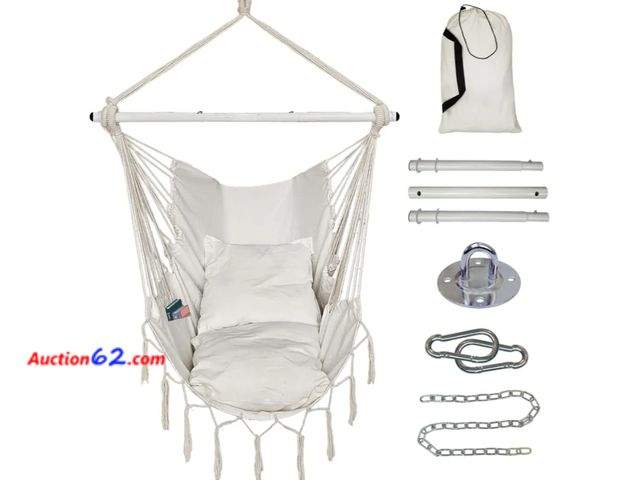 Lot 44-6966g - Hammock Chair Hanging Rope Swing, Hanging Chair with Pocket, 2 Cushions, Steel Spreader Bar with Anti-Slip Rings Max Load 500 Lbs, Indoor &a...