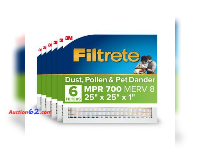 Lot 44-240a - Filtrete 25x25x1 Air Filter, MERV 8, MPR 700, Dust, Pollen &amp; Pet Dander Reduction, 3-Month AC and Furnace Filter, Easy on Air Flow, 6 HV...