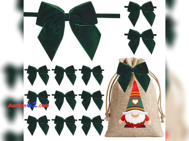 Lot 44-9223 - LiBongTa 12 PCs Green Velvet Ribbon Bow Decor 5 Inch Pre Tied Bows, Dark Green Bow for Christmas Tree, Party Favor, Premade Vintage Velvet B...