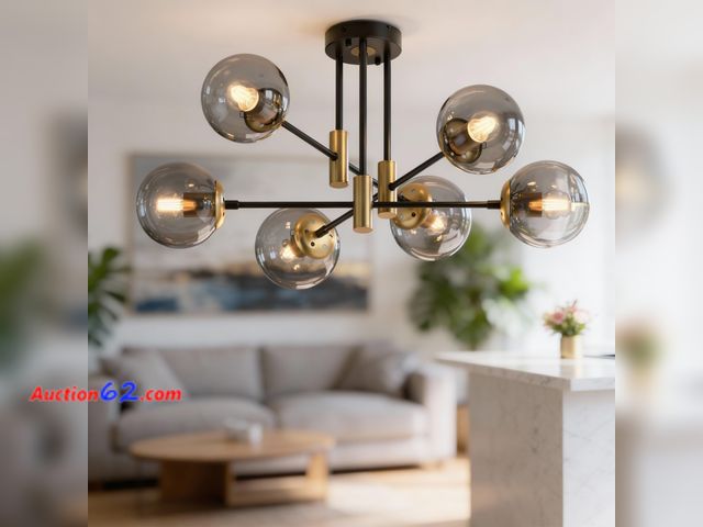 Lot 44-2627w - $75.99 Retail price - Phaosio 6-Light Sputnik Chandelier Modern Matte Black and Gold Ceiling Light, Glass Globe Hanging Light Fixture for Di...