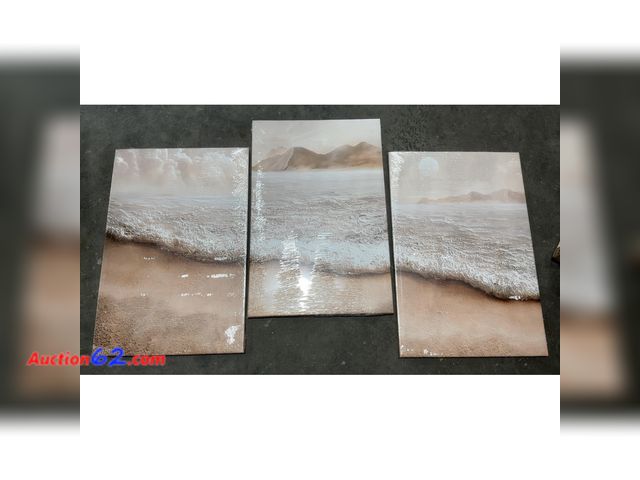 Lot 44-137e - EHNTNNMA 3pcs Beach and Ocean Framing Wall Art, Bohemian Coastal Canvas Decorative Paintings, Neutral Abstract Yellow-Tone Coastal Painting ...