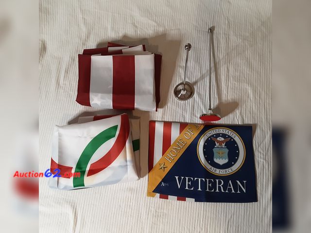 Lot 44-5127b - Lot of (5) Flag Items. (1) Home of An Airforce Veteran (18" x 13") Flag. (1) USA Flag. (3' x 5'). (1) USA Olympics Flag, (3' x 5'). BESPORTB...