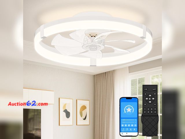 Lot 44-2728w - VOLISUN Low Profile Ceiling Fans with Lights and Remote, 15.7in Fandelier Ceiling Fan with Light, 3000K-6500K Dimmable Bladeless LED Fan Lig...