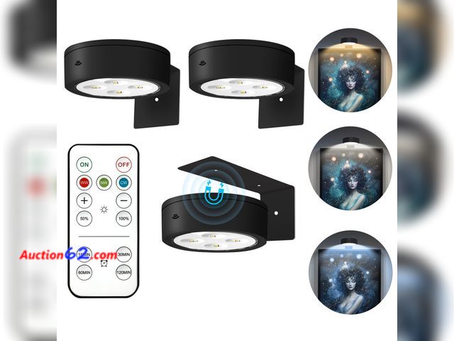 Lot 44-9179 - 3Pcs Picture Lights for Wall Battery Operated, Magnetic Led Painting Light with Remote Dimmable and Timer, 3 Lighting Modes Art Display Ligh...