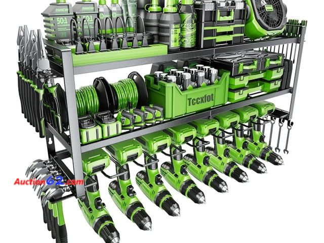 Lot 44-6544q - Across-Star Drill Holder Organizer Wall Mount, 3 Layers Hanging Power Tool Organizer, 8 Cordless Drill Storage Rack, Heavy Duty Cordless Too...