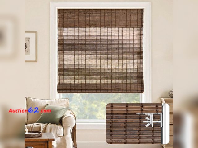 Lot 44-1627o - LazBlinds No-Drill Cordless Roman Shade - Light Filtering Natural Wood, Easy Install Bamboo Blind for Windows 23" W x 48" H, Malay Walnut Se...