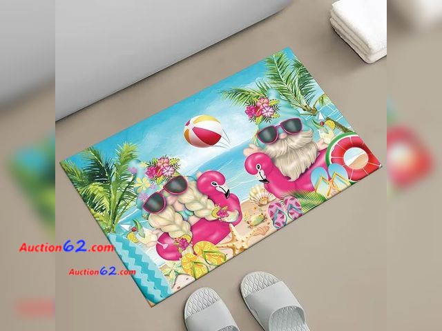 Lot 44-9070b - Flamingo Gnome Ultra-Thin Fit Under The Door Rug,17x24 in, Non-Slip Appears New, A basic inspection has been given to this item. Sold AS-IS.