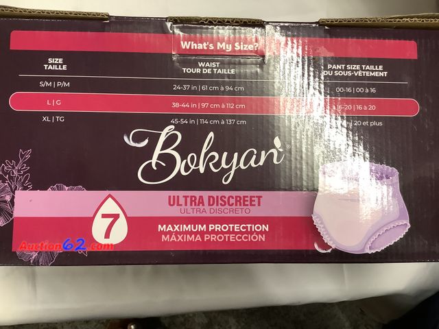 Lot 44-6087w - Bokyan Incontinence Underwear For Women, Large, 18 count, Ultimate Absorbency, New. See All Photo's Not Tested Never opened, Factory Sealed