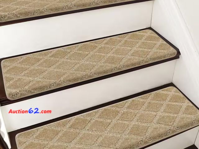 Lot 44-219b - Retail of $120- Diamond Trellis Khaki 9.5 in. x 30 in. x 1.2 in. Bullnose Indoor Non-slip Carpet Stair Tread Cover Tape Free (Set of 14) 1. ...