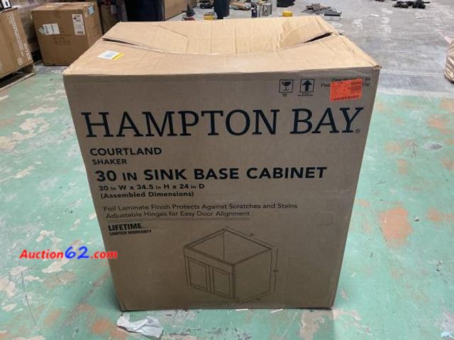 Lot 44-541t - Courtland 30 in. W X 24 in. D X 34.5 in. H Assembled Shaker Sink Base Kitchen Cabinet in Polar White E-Commerce Return, A basic inspection h...