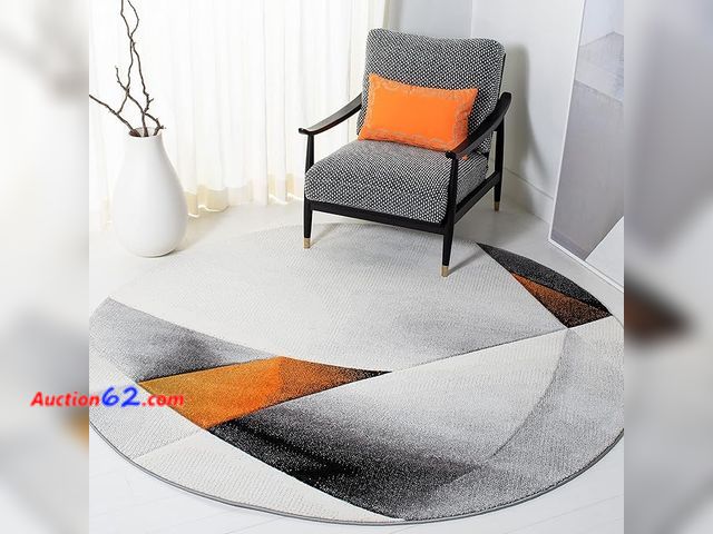 Lot 44-145w - Retail of $119.99-SAFAVIEH Hollywood Collection 6'7" Round Grey/Orange HLW713P Mid-Century Modern Non-Shedding Dining Room Entryway Foyer Li...