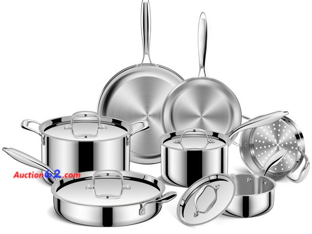 Lot 44-828i - $129.98 Retail price - EWFEN Pots and Pans Set, 3 Ply 11 Piece Stainless Steel Cookware Set, Oven Dishwasher Safe | Induction Compatible Fry...