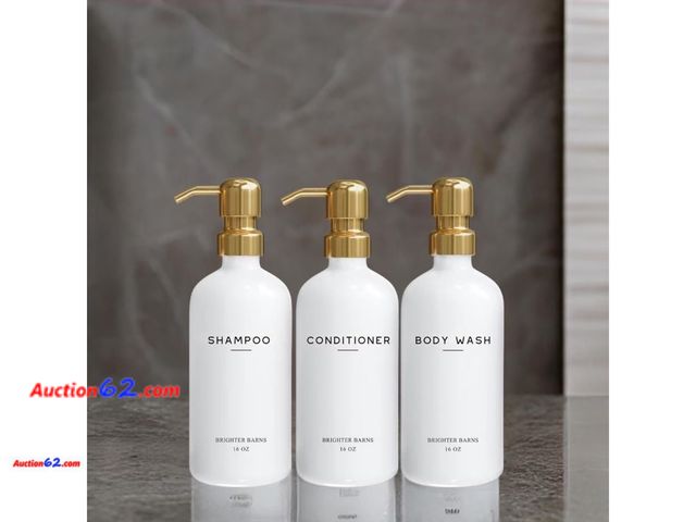 Lot 44-9119 - Brighter Barns White Shampoo Conditioner Body Wash Dispenser Set 16oz Gold Pumps Appears New, A basic inspection has been given to this item...