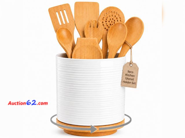 Lot 44-2986e - White Ceramic Kitchen Utensil Holder, 360 Rotating 9-Piece Set Appears New, A basic inspection has been given to this item. Sold AS-IS. Not ...
