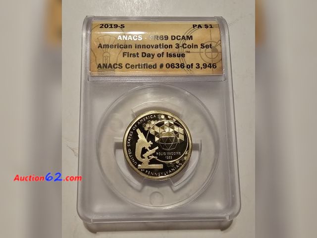 Lot 44-8313w - 2019-S INNOVATION PROOF DOLLAR CELEBRATING THE DISCOVERY OF THE POLIO VACCINE BY DR. JONAS SALK GRADED PR69 DCAM BY ANACS. 1 POINT SHY OF A ...