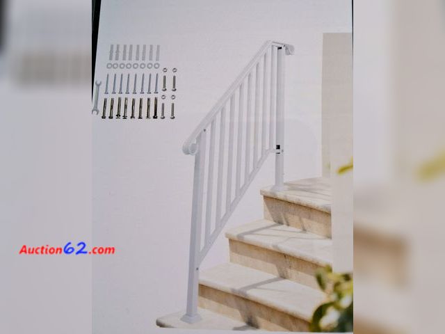 Lot 44-7242e - 3-step railing 40"×36" wrought iron with curved and balusters white stair handrail with installation kit, white  Appears New, A basic inspec...