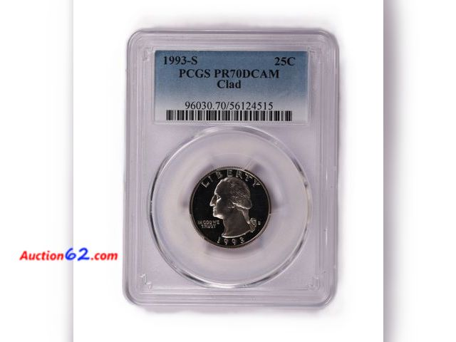 Lot 44-8376m - 1993-S WASHINGTON QUARTER CLAD PROOF GRADED PR70DCAM (PROOF 70 DEEP CAMEO - PERFECT COIN!) BY PCGS. THIS IS A PRETTY PRICEY COIN, FYI. MINTE...