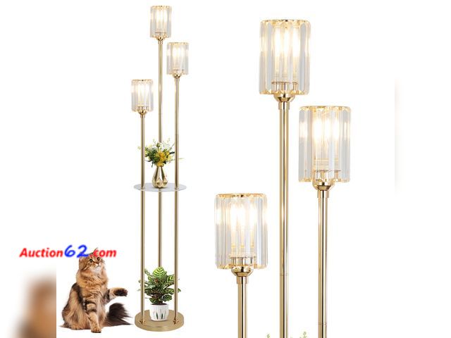 Lot 44-972e - $89.99 Retail price - HMVPL Gold Floor Lamps for Living Room, Modern Floor Lamp with Shelves, Crystal Standing Lamps with Table, Brass Tall ...
