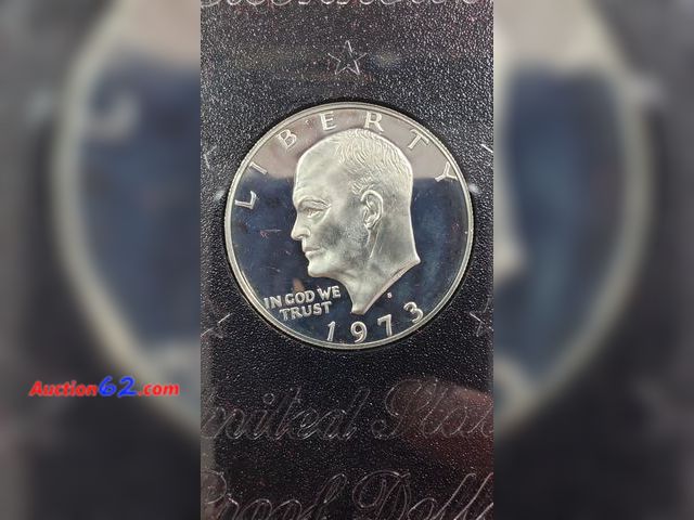 Lot 44-8340q - LOWER MINTAGE!!! 1973-S EISENHOWER 40% SILVER PROOF DOLLAR. KNOWN AS THE "BROWN IKE." COMES IN ORIGINAL US MINT LENS AND BOX. MINTED IN SAN ...