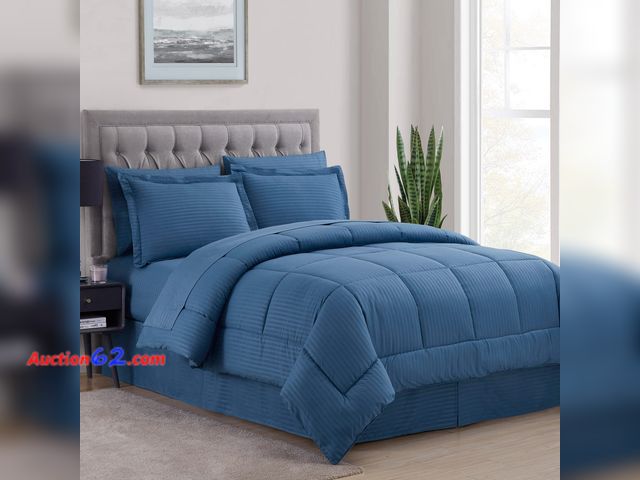 Lot 44-647m - Queen Comforter Set 8 Piece Bed in a Bag with Bed Skirt, Fitted Sheet, Flat Sheet, 2 Pillowcases, 2 Pillow Shams, Queen, Denim Not Tested Se...