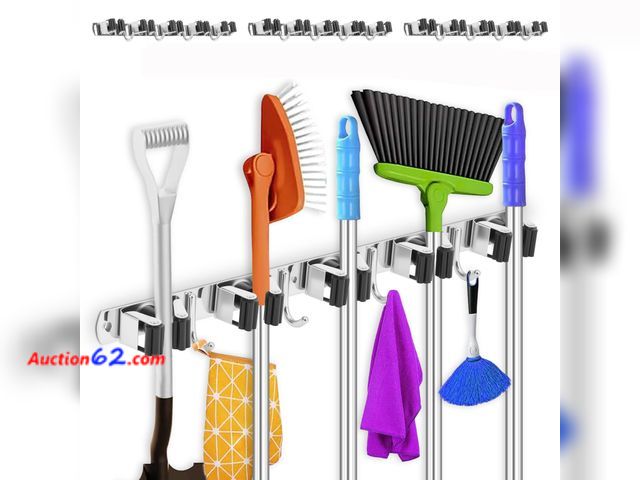 Lot 44-850e - 3 Pack Broom Holder Wall Mount 5 Racks 4 Hooks Stainless Steel Broom Mop Holder Anti Slip Storage Rack Strong Load Bearing Waterproof Broom ...