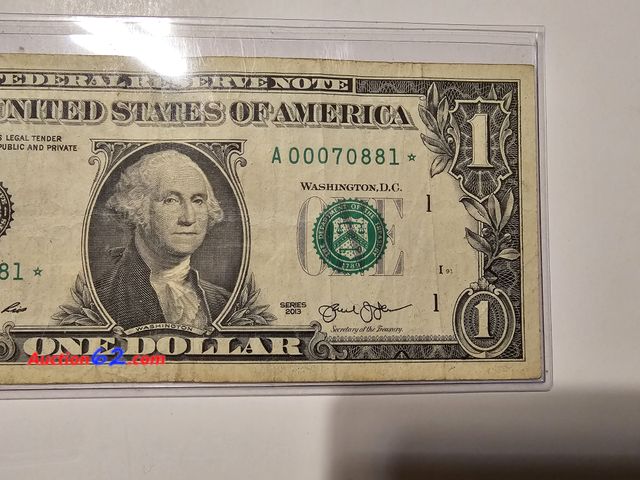 Lot 44-8302w - 2013 SERIES LOW SERIAL NUMBER A BLOCK STAR NOTE! A STAR NOTE IS A REPLACEMENT NOTE FOR WHERE AN ERROR OCCURRED IN THE PRINTING.-NT