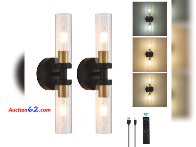 Lot 44-1599o - $92.99 Retail price - Battery Operated Wall Sconces Set of 2, 330° Rotation 3000K-6000K Dimmable Wireless Wall Sconce with Clear Glass Black...