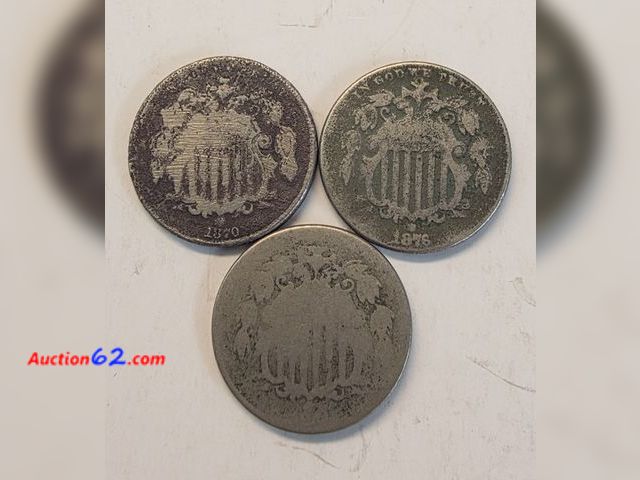 Lot 44-8300x - THREE (3) 1870's SHIELD NICKELS - 1870, 1874, 1876 - NT