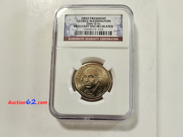 Lot 44-8344q - FIRST PRESIDENT GEORGE WASHINGTON 2007 D PRESIDENTIAL DOLLAR GRADED BRILLIANT UNCIRCULATED BY NGC. MINTED IN DENVER.-NT