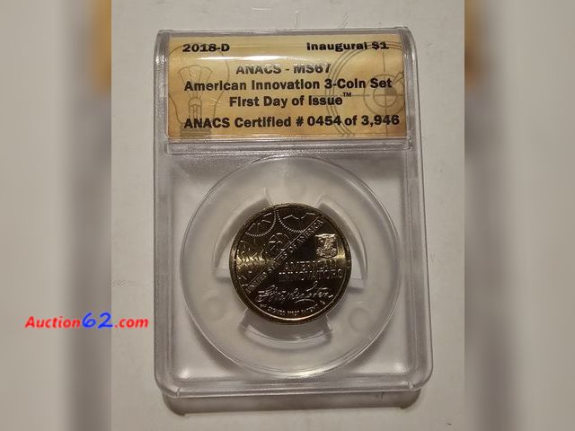 Lot 44-8307w - 2018-D INNOVATION DOLLAR CELEBRATING THE FIRST SIGNED PATENT BY GEORGE WASHINGTON GRADED MS67 (MINT STATE) BY ANACS. MINTED IN DENVER. COIN ...
