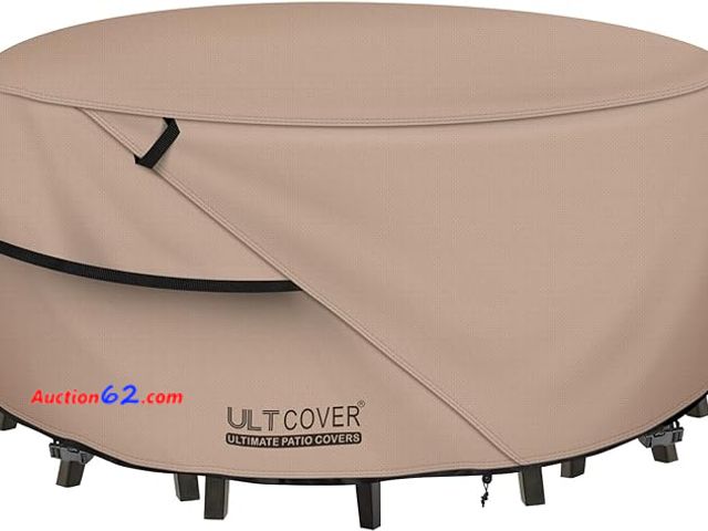 Lot 44-5125b - ULTCOVER Round Patio Furniture Cover - Outdoor Waterproof Table with Chair Set Cover. (106" x 106" x 28"). New. 1. Appears New, A basic insp...