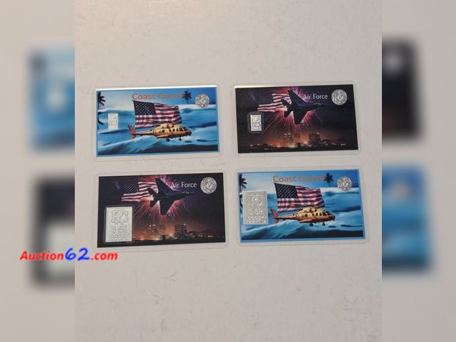 Lot 44-8409w - TWO 5 GRAIN .999 FINE PURE SILVER COAST GUARD BARS AND TWO 2 GRAIN .999 FINE PURE SILVER AIR FORCE BARS. FROM PATRIOTS COIN. 12 GRAINS TOTAL...