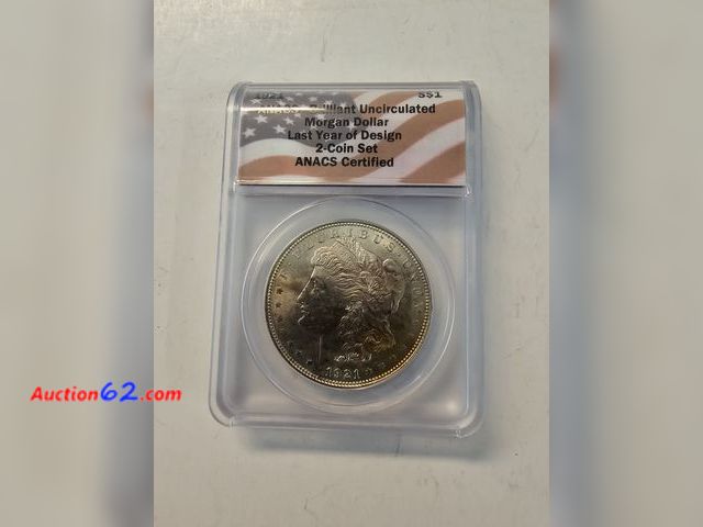 Lot 44-8315s - 1921 LIBERTY HEAD 90% SILVER MORGAN DOLLAR GRADED BRILLIANT UNCIRCULATED BY ANACS. MINTED IN PHILADELPHIA.-NT