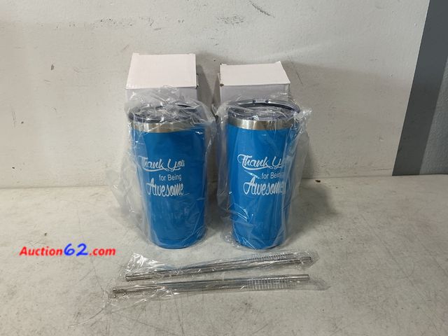 Lot 44-815 - Set of 2 Blue "Thank You for Being Awesome" Tumblers with Straws Not Tested See All Photo's Appears New, A basic inspection has been given t...