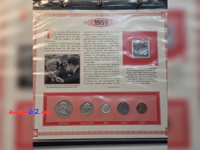 Lot 44-8328p - US COINS OF 1959 COMMEMORATIVE PAGE! COMES WITH A 1959-P 90% FRANKLIN HALF DOLLAR, 1959-D 90% SILVER WASHINGTON QUARTER, 1959-D 90% SILVER R...