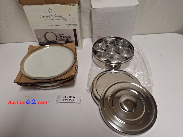 Lot 44-7308b - Lot of (2) stainless steel Masala Dabba - 8×8 inch Indian spice box with 7 compartments for kitchen storage and 4 stoneware salad plates  E-...