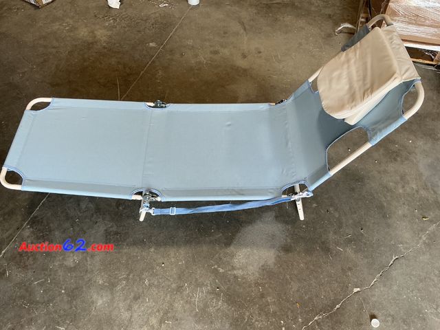 Lot 44-121f - Light Blue Folding Camping Cot Lounger with Pillow See All Photo's E-Commerce Return, A basic inspection has been given to this item. Sold A...