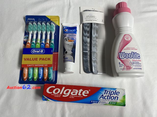 Lot 44-4006i - New. Oral B 5 pack cavity defense 123 medium toothbrushes. 6 Oz Colgate triple action toothpaste. 3+ years crest Disney frozen bubblegum fla...