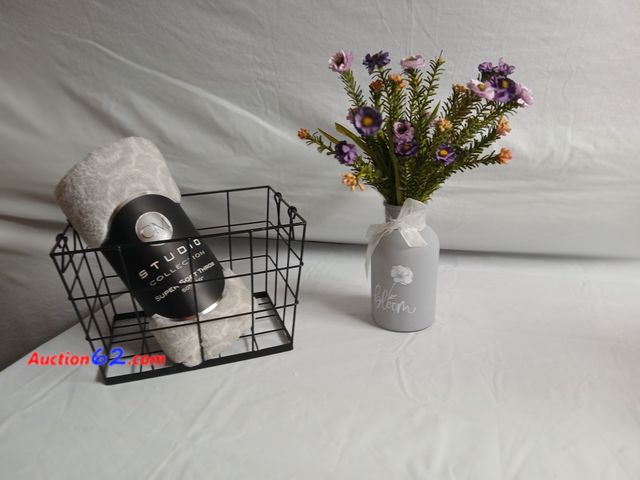 Lot 44-2133g - New without tag 8" vase with new flowers, New Grey 50" x 60" throw and new 8 " x 11" black basket.  See photos. Appears New, A basic inspect...