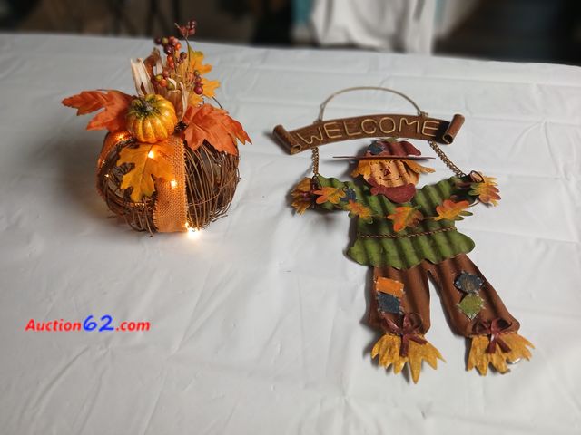 Lot 44-2124g - New without tag 7" lighted fall pumpkin and new 20" scarecrow door or wall hanger.  See photos. Appears New, A basic inspection has been giv...