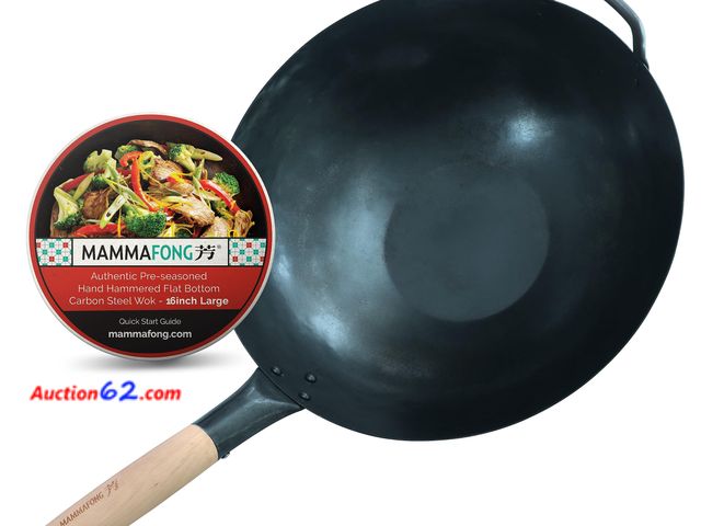 Lot 44-844i - $108.8 Retail price - Mammafong Large Flat Bottom 16-inch Traditional Carbon Steel Wok Pan - Authentic Hand Hammered Woks and Stir Fry Pans ...