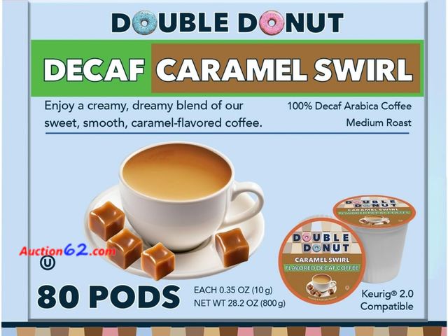 Lot 44-6769h - Double Donut Flavored Decaf Coffee, Decaffeinated Coffee Caramel Swirl, Decaf Coffee Pods for Keurig K Cups Machines, Hot or Iced Coffee, Si...